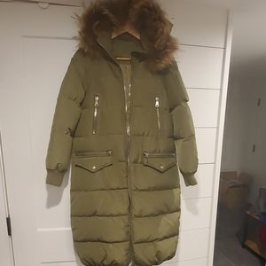 Womens long army green parka with real fur trim